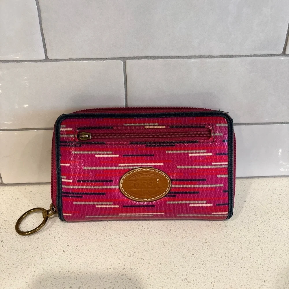 Women’s Fossil Key Per Zip Wallet Wristlet Hot Pink Stripe EUC